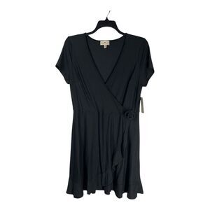Derek Heart Plus Size 1X Black Faux Wrap Mini Knit Dress Short Sleeve Ruffle Hem